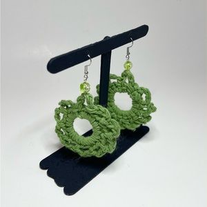 Handmade Crochet Lace Flower Dangle Earrings Sage Green Flower Accent Bead